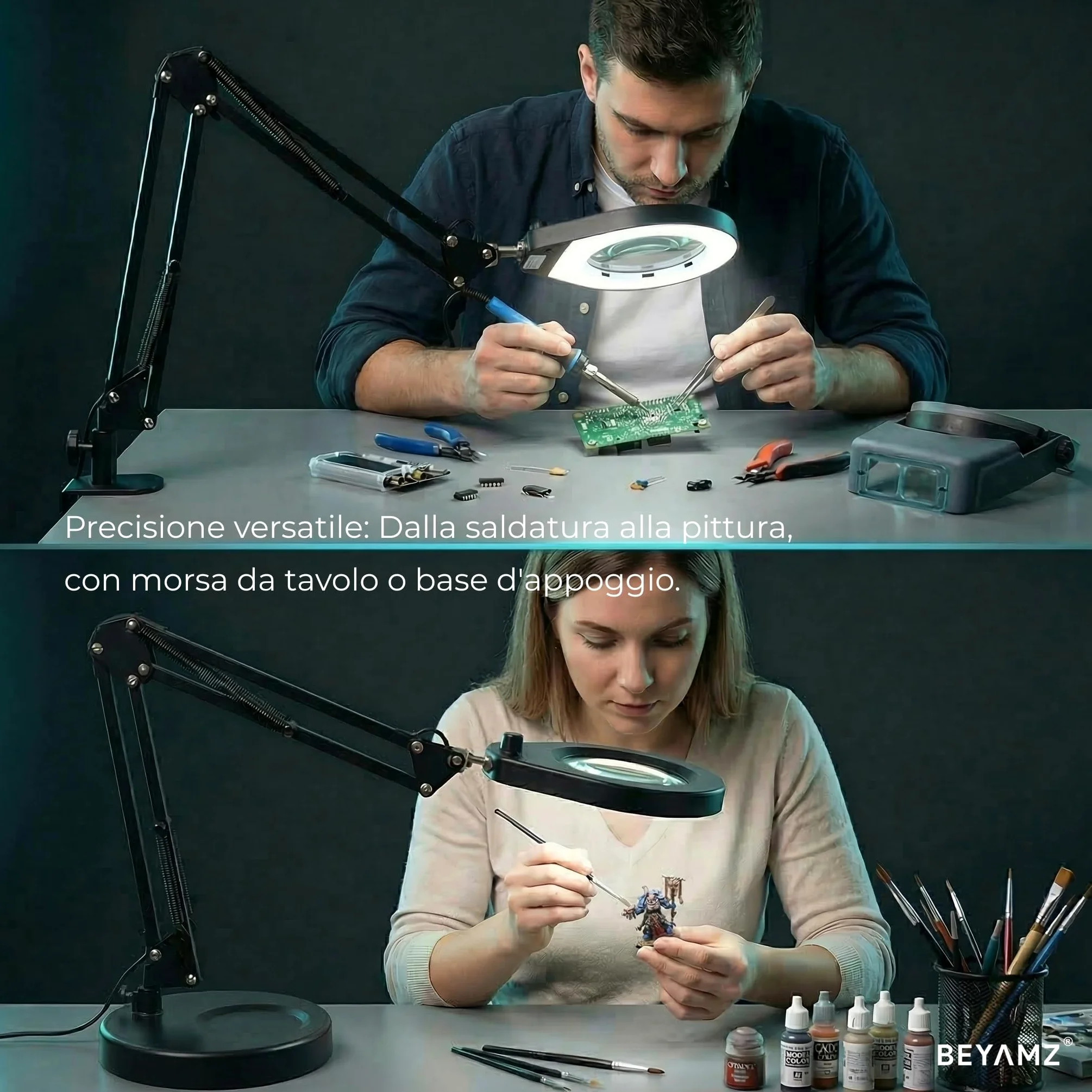 Lampada di Ingrandimento con Base e Morsetto, Lente Illuminata 105 mm 5x, Luce Regolabile (5 Colori, 10 Livelli, 790 LM), Braccio Orientabile Regolabile - Mani Libere per Lavori di Precisione
