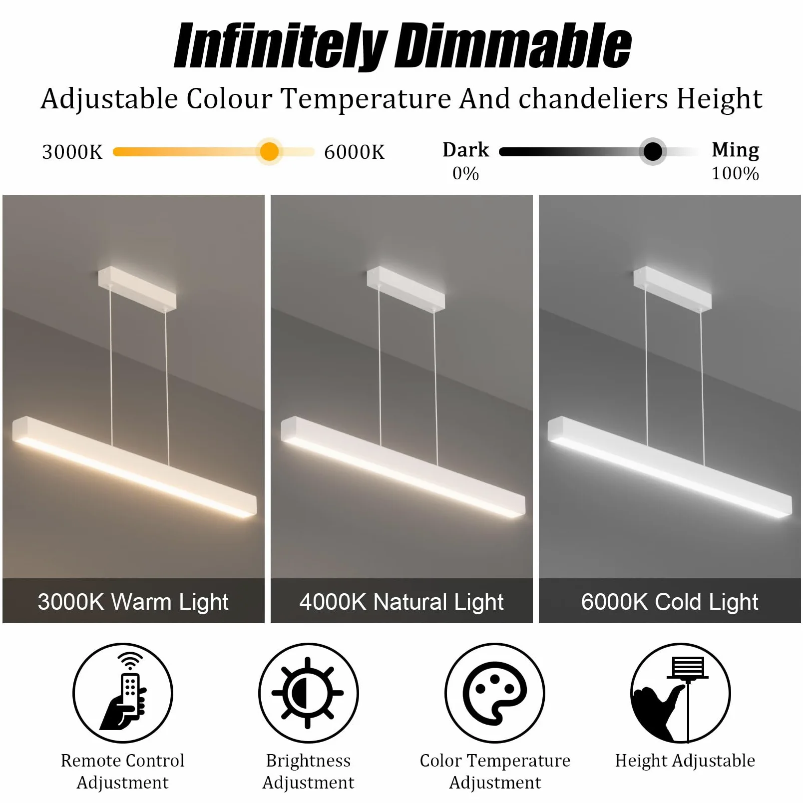 Klighten Led Lampada a Sospensione Da Tavolo Da Pranzo 80cm/24W, Dimmerabile 3000K-6000K Moderna Luce a sospensione Con Telecomando, 150cm Moderna Lineare Regolabile,per Cucina Soggiorno, Bianco
