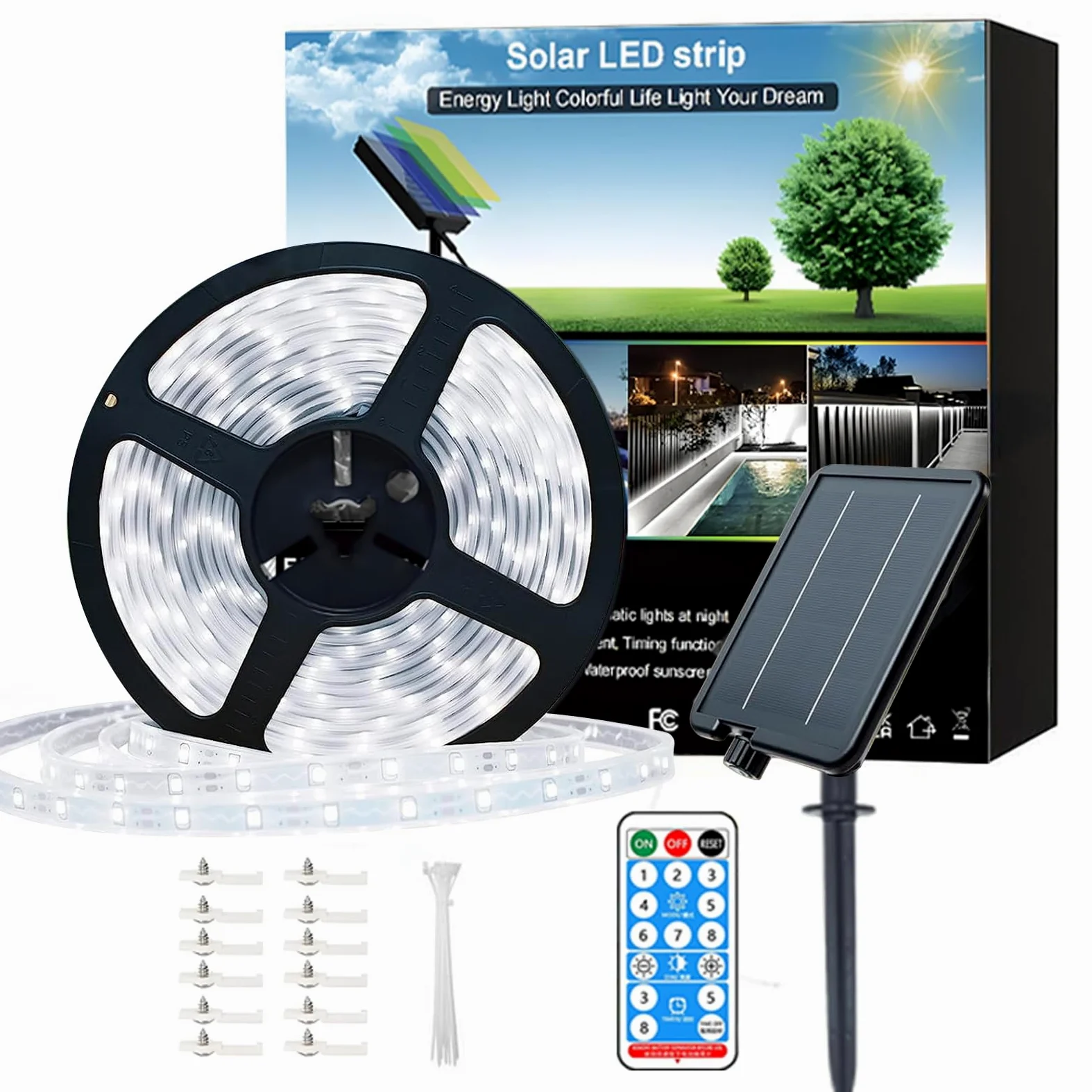 Striscia di luci a LED a energia solare per esterni, 15 m, autoadesiva, impermeabile, 8 modalità con timer remoto e accensione automatica, perfetta per terrazza, patio, sentieri, decorazioni