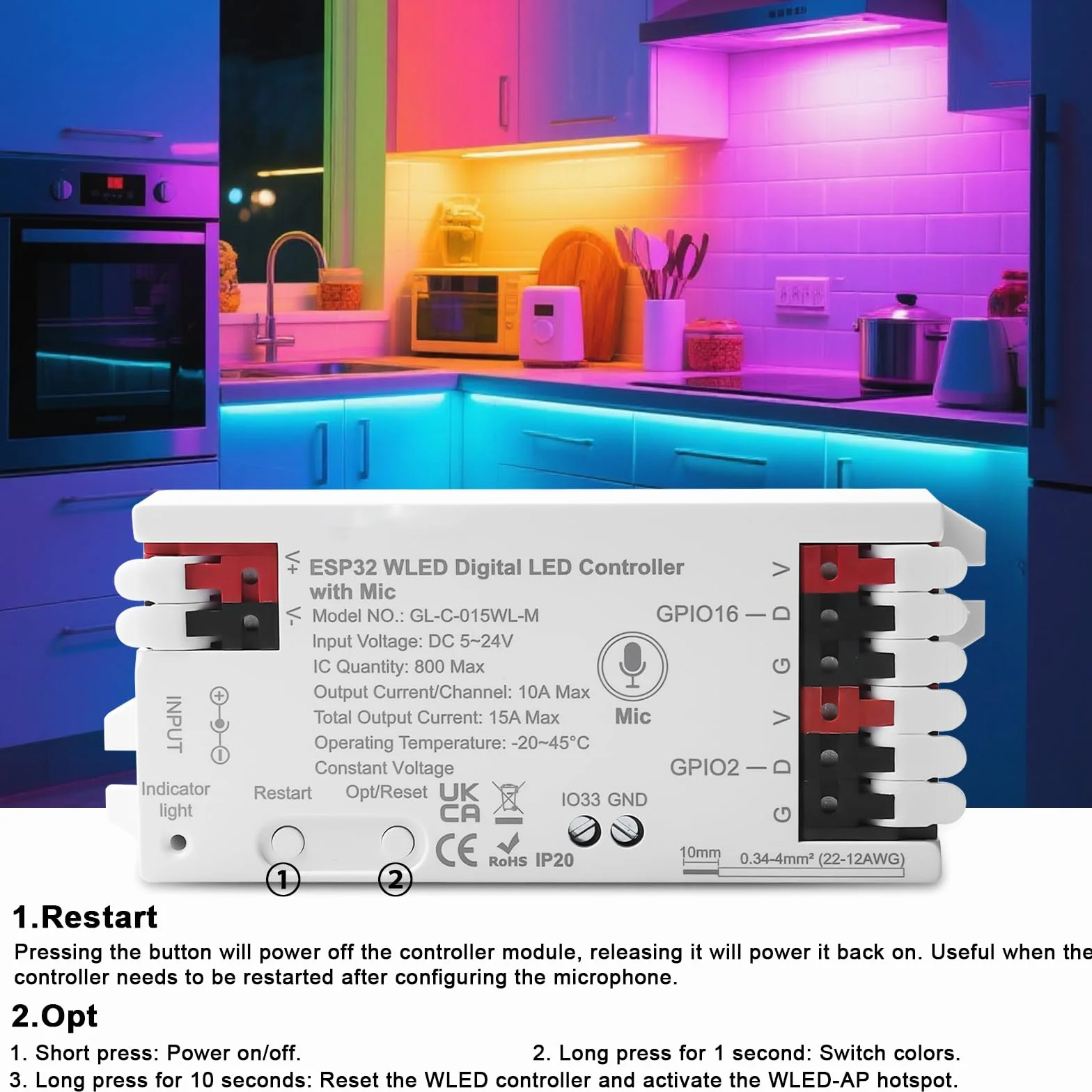 Confezione da 2 controller WLED con microfono: ESP32 DC 5V-24V Digital LED Strip Controller per striscia LED indirizzabile Digital RGB IC WS2811 WS2812B SK6812 WS2815 RGBW striscia LED indirizzabile