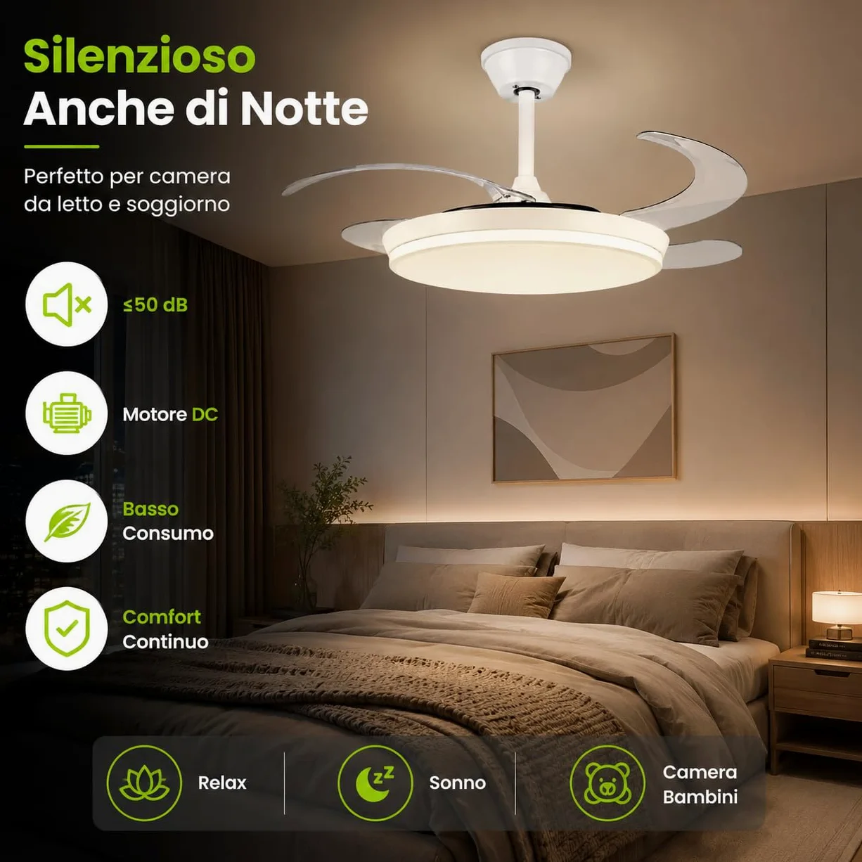 Ventilatore da Soffitto con Luce LED 36W e Telecomando | Pale Retrattili 106 cm | 6 Velocità Motore DC | CCT 3000K 4000K 6500K | Lampadario Ventilatore Moderno