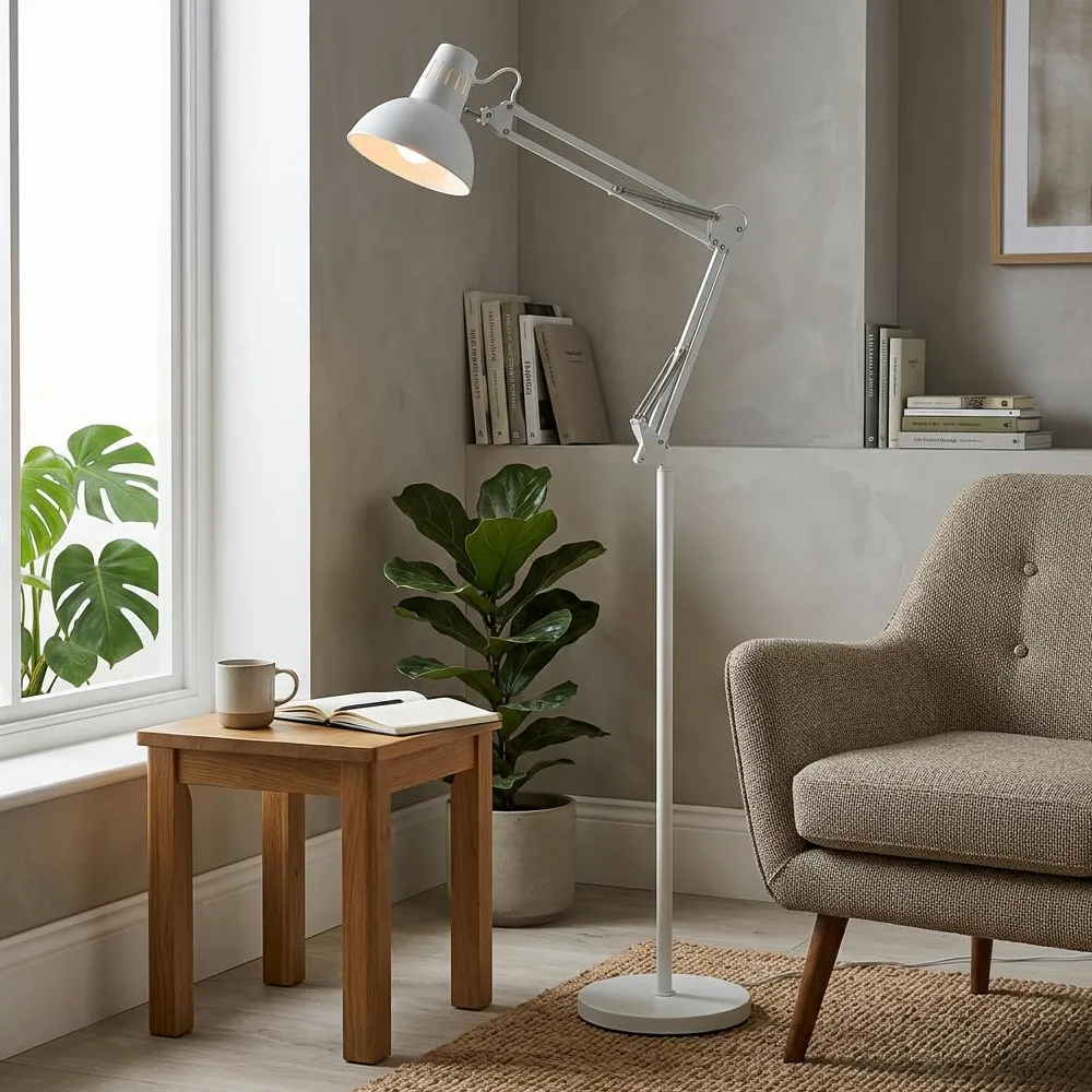 MAKA Lampada da Terra Moderna Piantana per Soggiorno Luce Lettura Orientabile Metallo Presa E27 Lampada da Ufficio Design Minimalista Illuminazione Interni Base Stabile 28x28x115cm 5kg (Bianco)