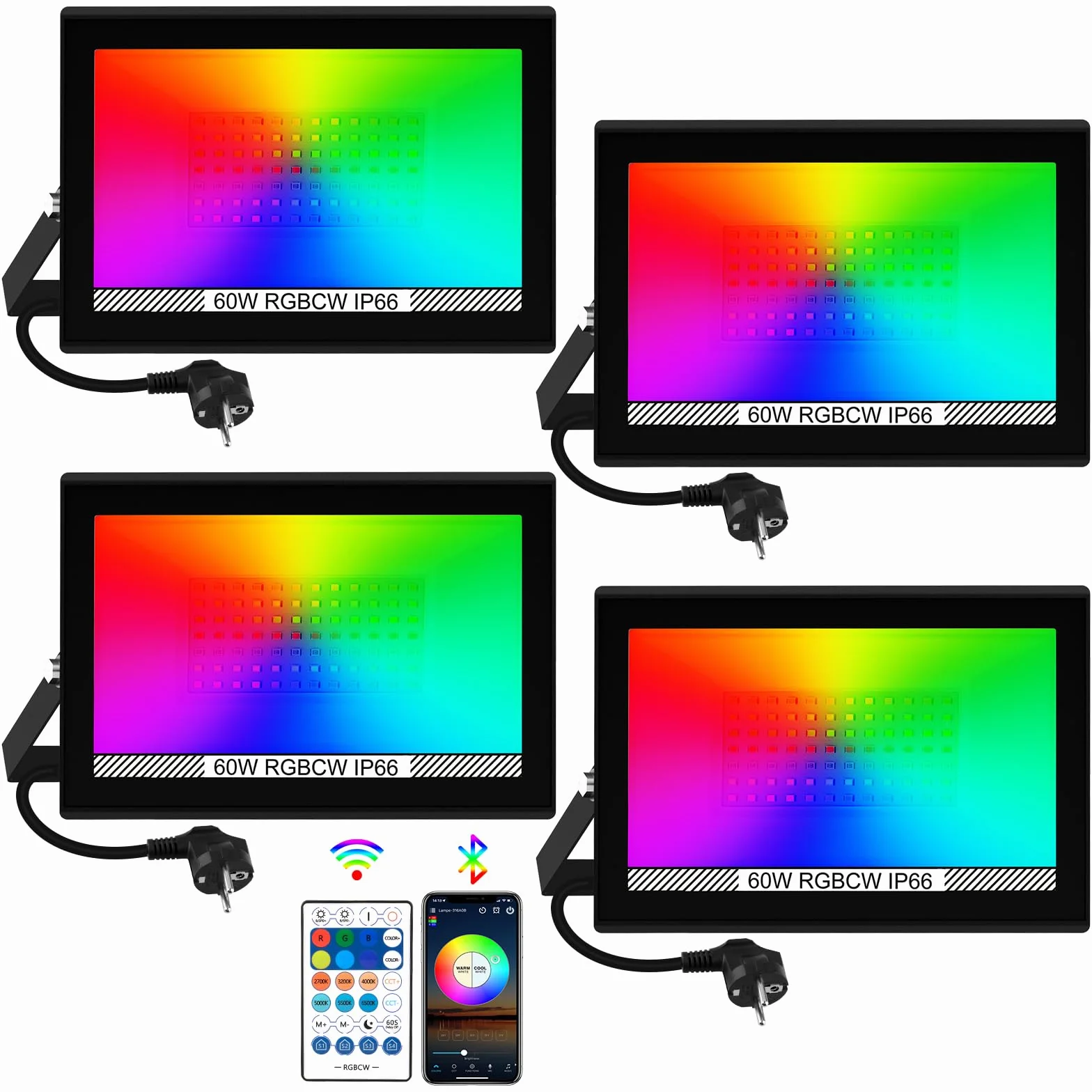 Faretto LED RGB Esterno, T-SUNUS 60W Proiettore LED RGB con APP Bluetooth e Telecomando, IP66 Impermeabile Dimmerabile per Giardino Pasqua Partito Halloween 4 Pezzi
