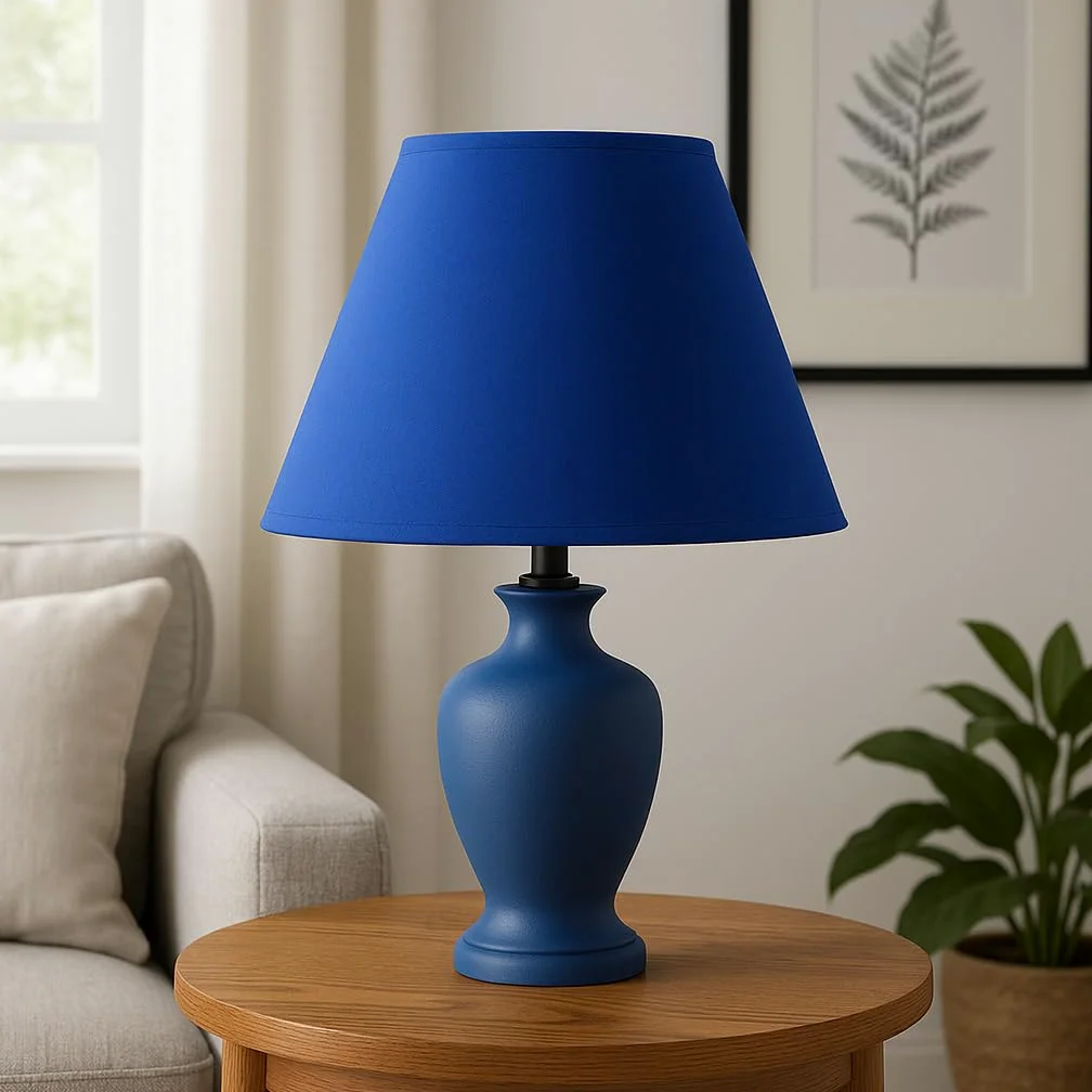 35 cm Paralume Cono, Tessuto di Cotone con PVC Bianco, Prodotto Artigianale, per Lampada da Tavolo, Piantana (Blu)