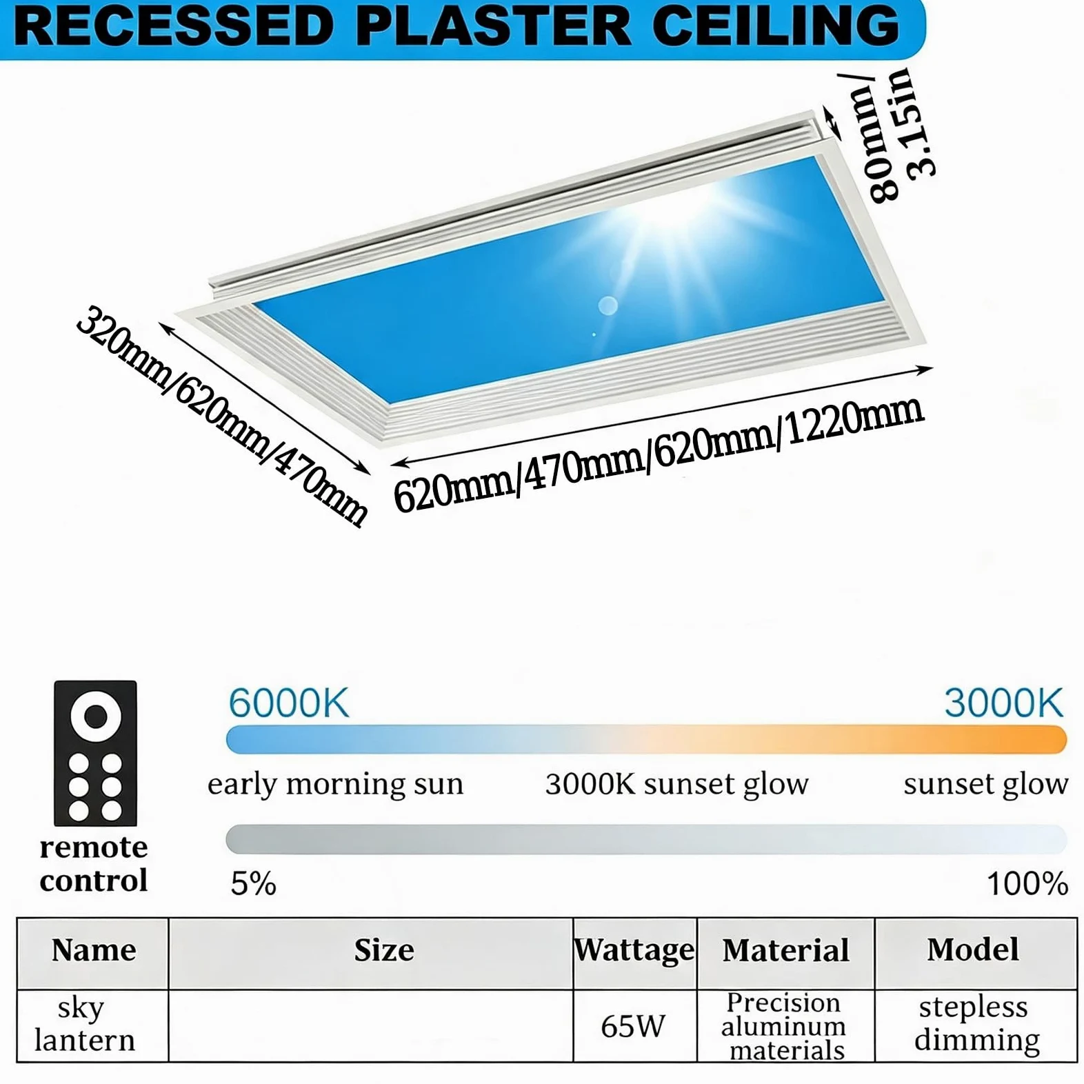 Pannello Luminoso for Finta Finestra con Telecomando, Plafoniera LED Intelligente Cielo Blu con Effetto Luce Naturale, Design Ultrasottile e dimmerabile Sky,Embedded,470 * 470mm