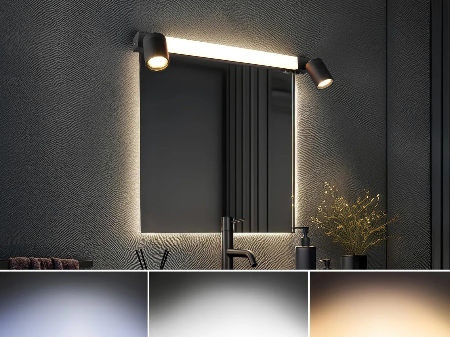 Lampada da specchio da bagno con 2 faretti e interruttore, colore nero, larghezza 60 cm