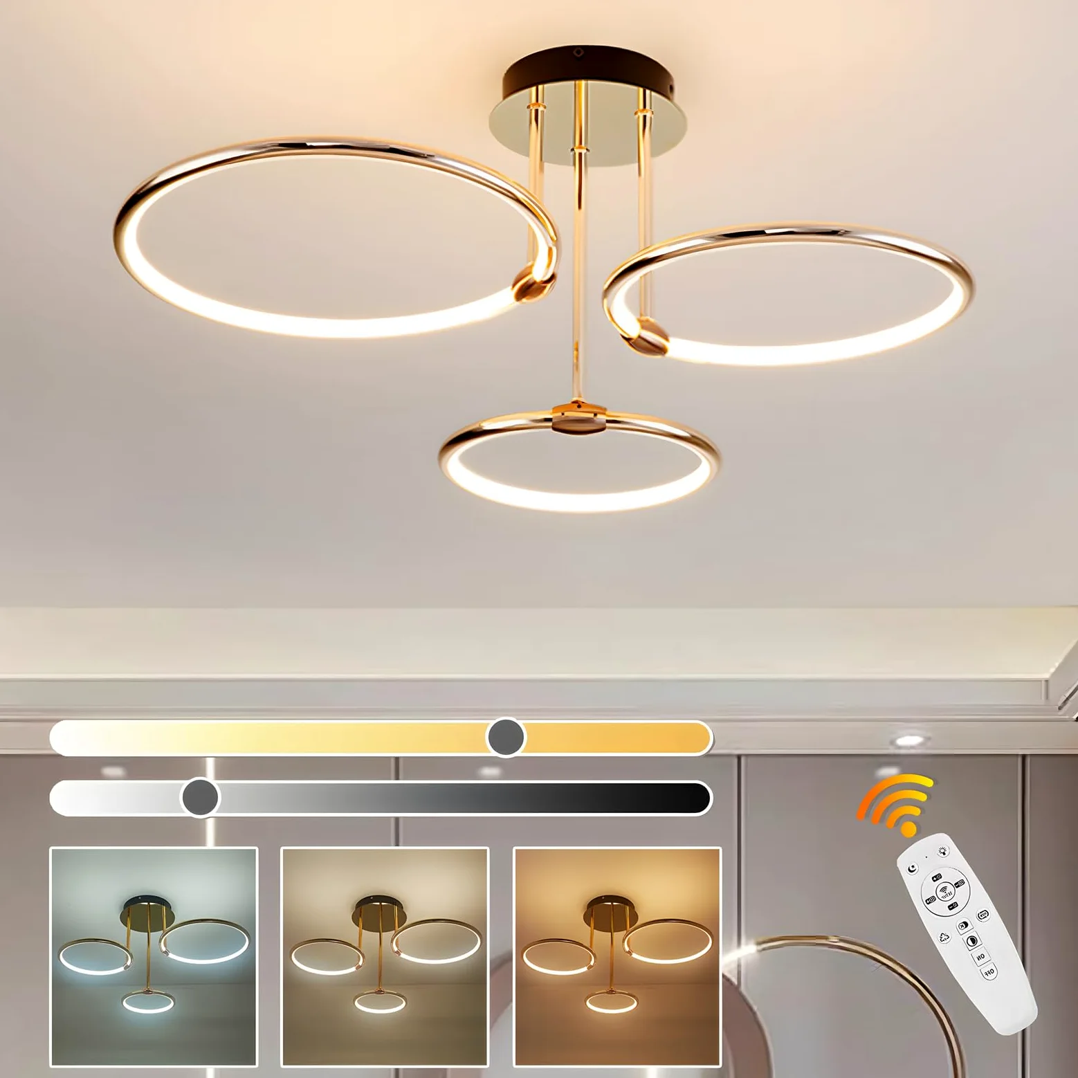 3 Anelli Rotondi Design Oro LED Plafoniera, Lampadario Ø56cm | 60W Dimmerabile Continuo, Pendente Placcato In Metallo Creativo, Lampada Moderna Per Soggiorno In Camera Letto Studio Ufficio