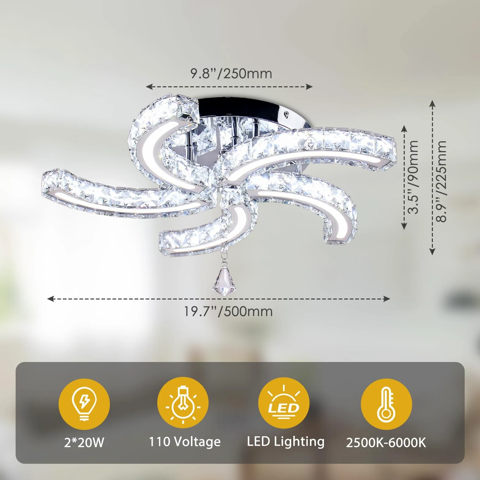 19,7” Lampadari di cristallo dimmerabili Moderna plafoniera di cristallo Acrilico 5 bracci Led Lampada da soffitto a incasso per sala da pranzo Soggiorno Camera da letto corridoio