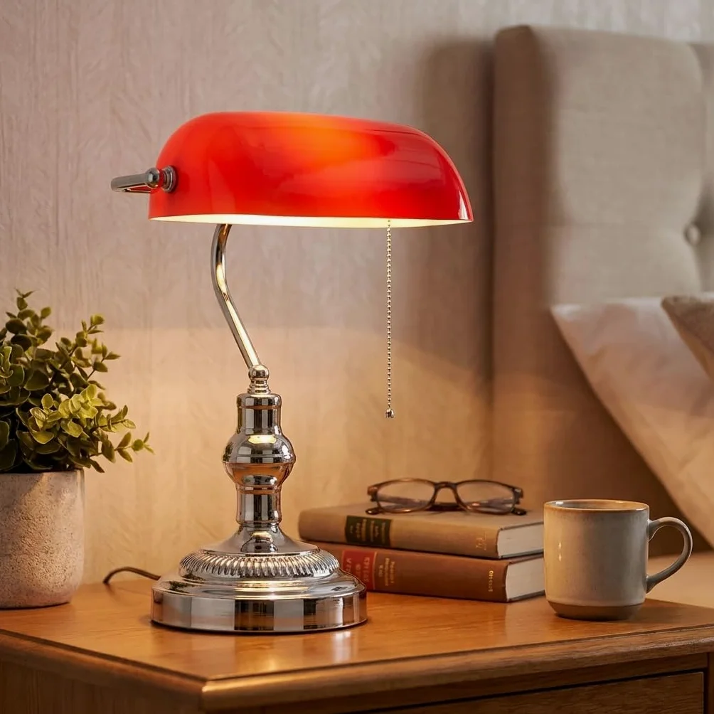 BARCELONA LED Lampada da Tavolo Banker Vintage E27 Paralume in Vetro Rosso Base Cromata Orientabile Luce da Scrivania Classica Stile Industriale Retrò Nordico per Ufficio