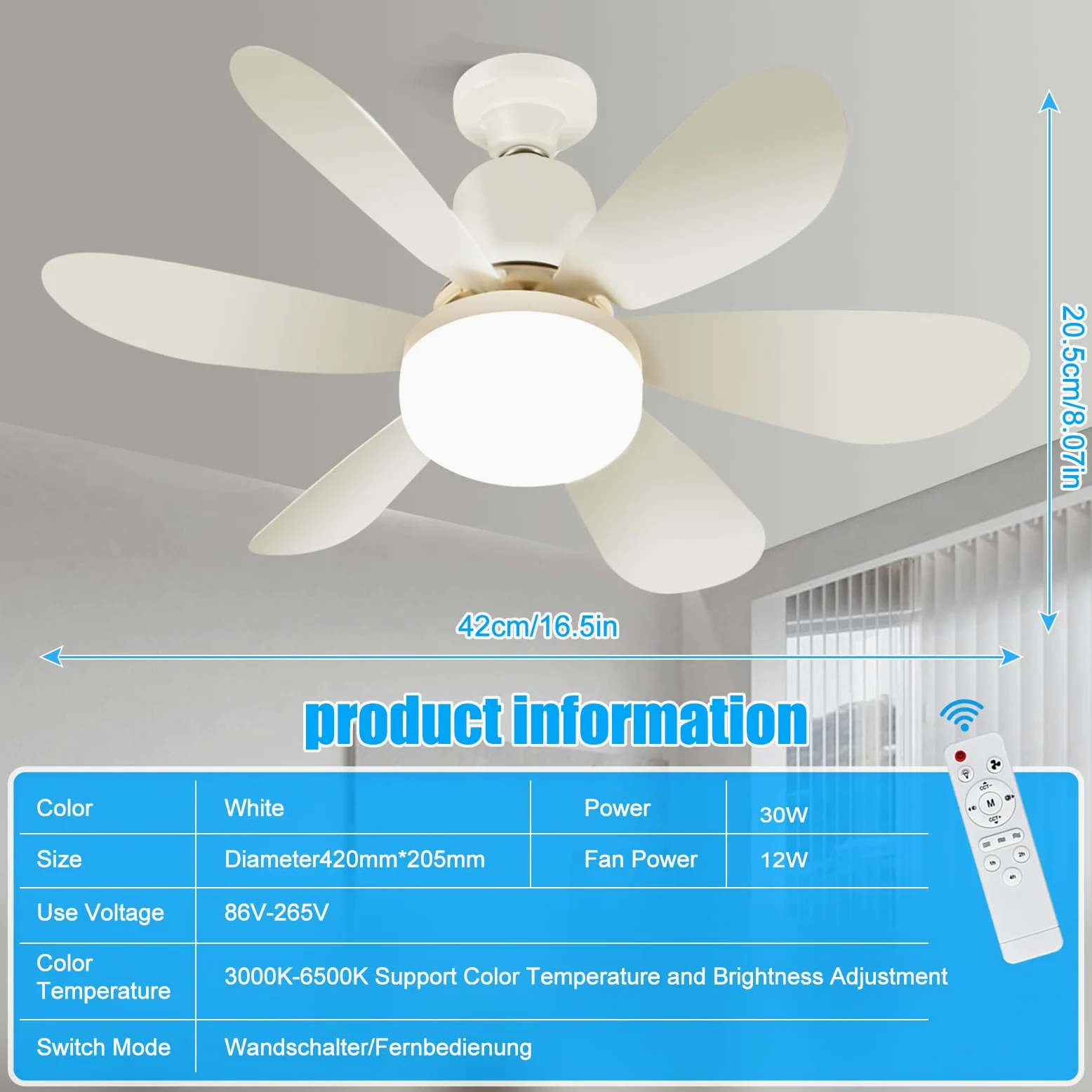 Ulikey Ventilatore da Soffitto con Luce, 40W Plafoniera Soffitto, 52CM LED Dimmerabile Ventola Soffitto, con Base E27, 3 Velocità, 6 Pale, Timer, Silenziosa, per Soggiorno, Lamera da Letto