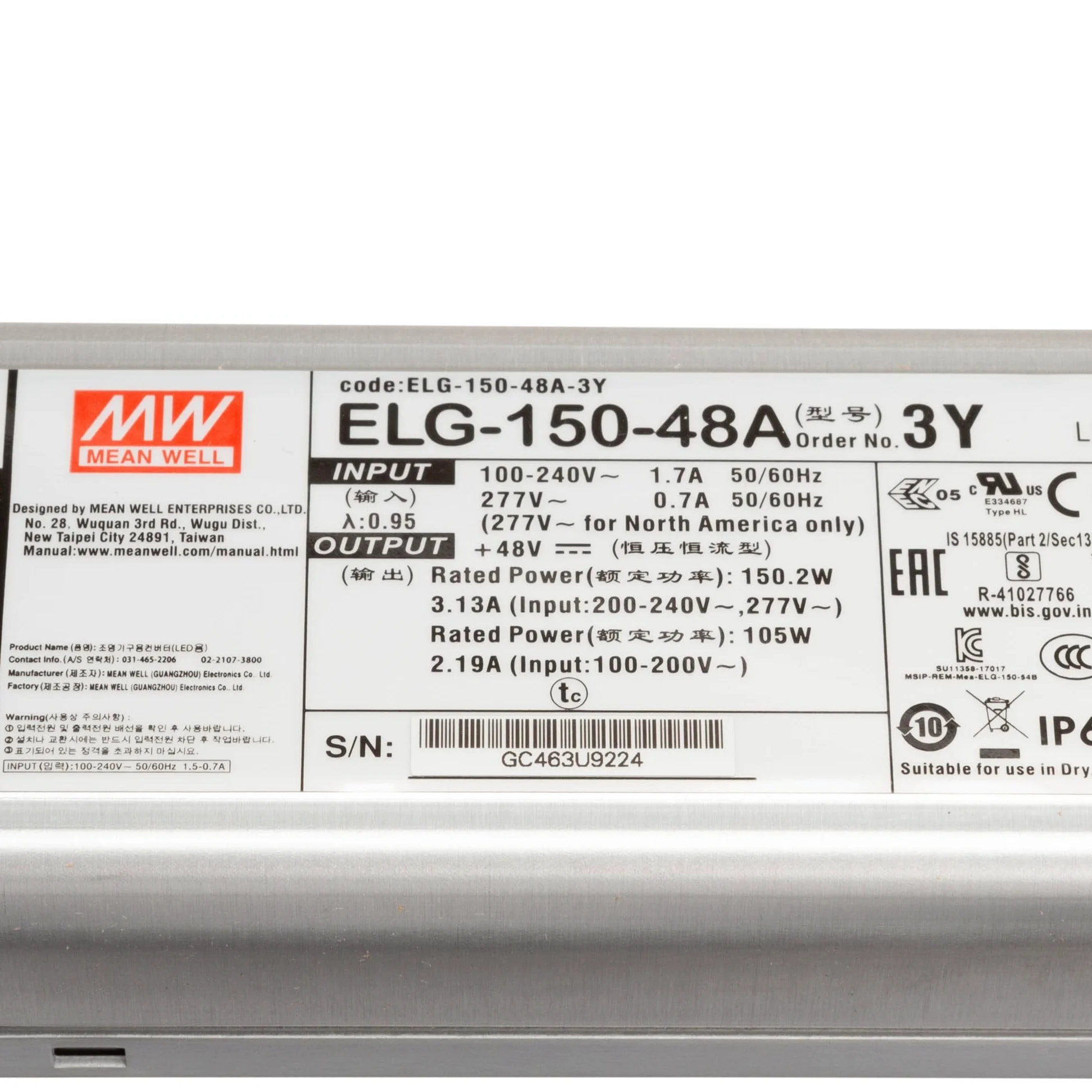 Mean Well ELG-150-48A-3Y - Trasformatore LED a tensione costante, 150,2 W, 1,56-3,13 A