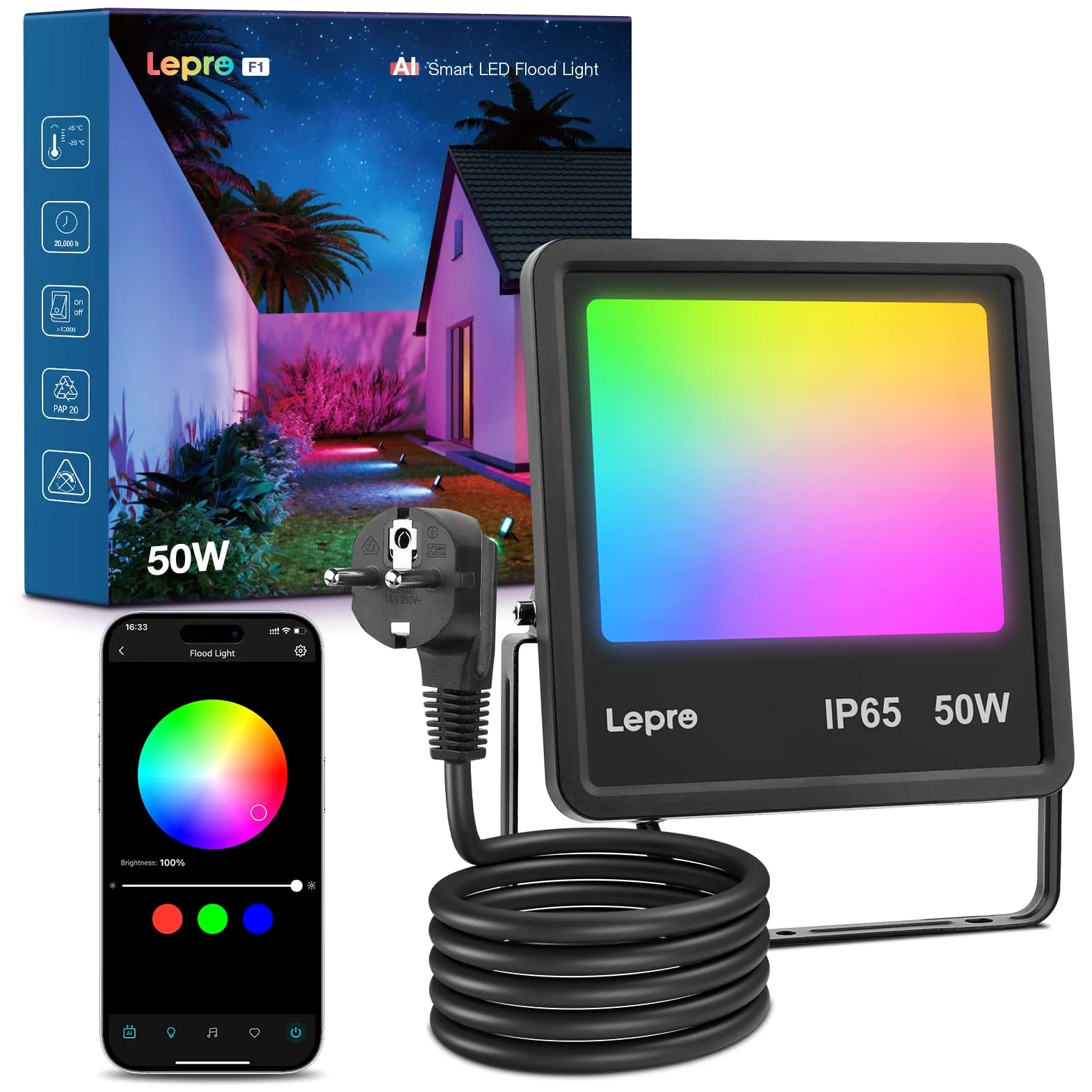Lepro F1 AI Faretto LED da Esterno 50W, Faretto da Giardino RGB Dimmerabile