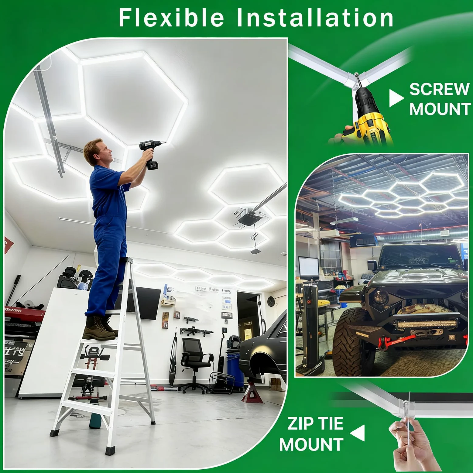 Lampada LED Esagonale per Garage,4500K Plafoniera Soffitto Collegabile, Illuminazione per Dettagli Auto, Autolavaggio, Negozio e Esposizione,4500k