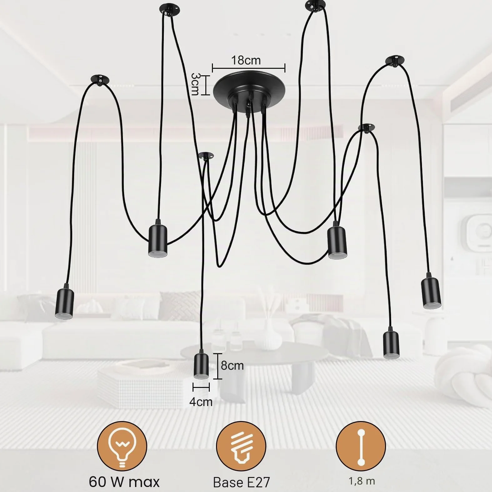 Lightess Lampadario a Ragno 6 Luci, Lampade a Sospensione Nero Industrial Lampadario Pendente Moderne Lampadari Soffitto Vintage per Camera da Letto Soggiorno