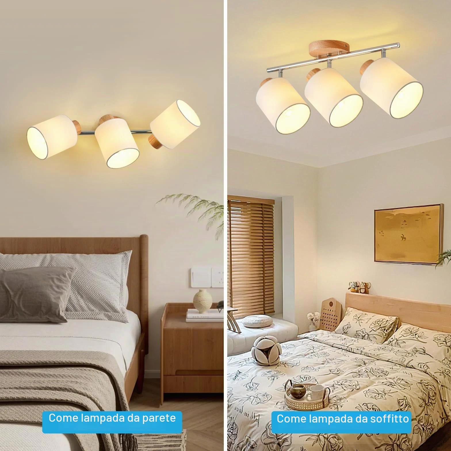 SANSHI faretti led soffitto in 3 punt，lampadario legno regolabile, Base E14 230V moderna Luce a parete,faretti soffitto per interni soggiorno, camera da letto, sala da pranzo (senza lampadine)