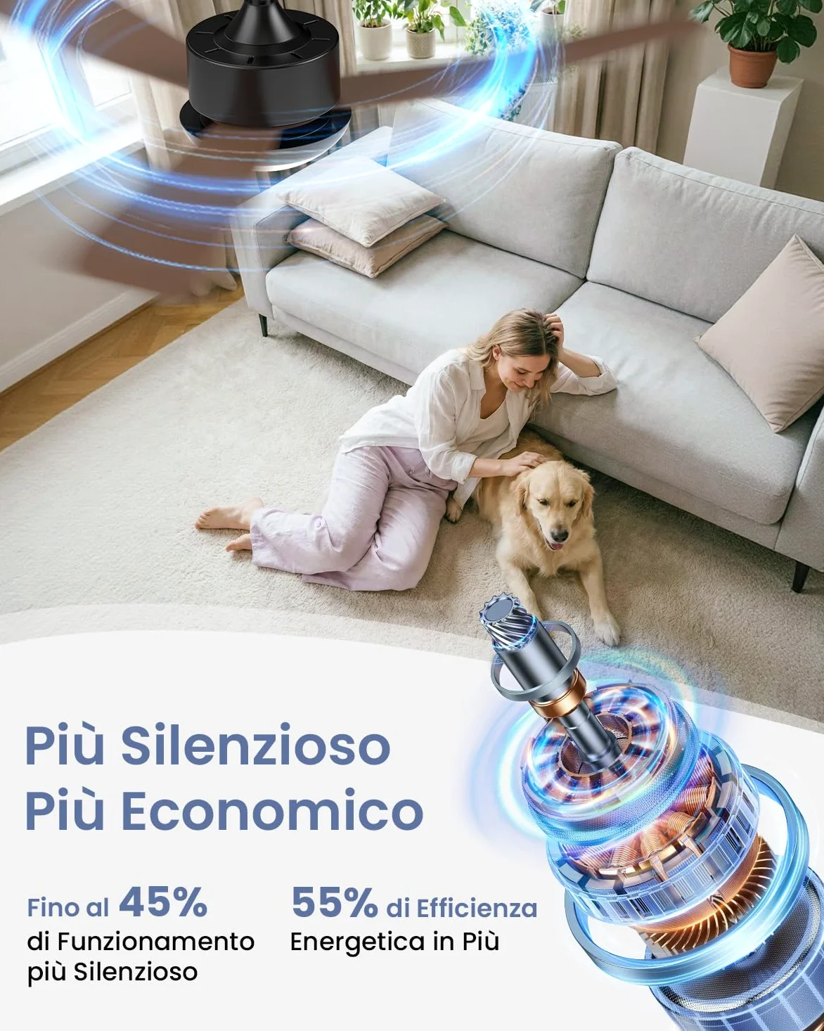 Airwit Ventilatore da Soffitto con Luce 106cm, Pale Effetto Legno, Ventilatore da Soffitto Silenzioso con Telecomando, LED Dimmerabile, Motore DC Reversibile, 6 Velocità per Camera Soggiorno