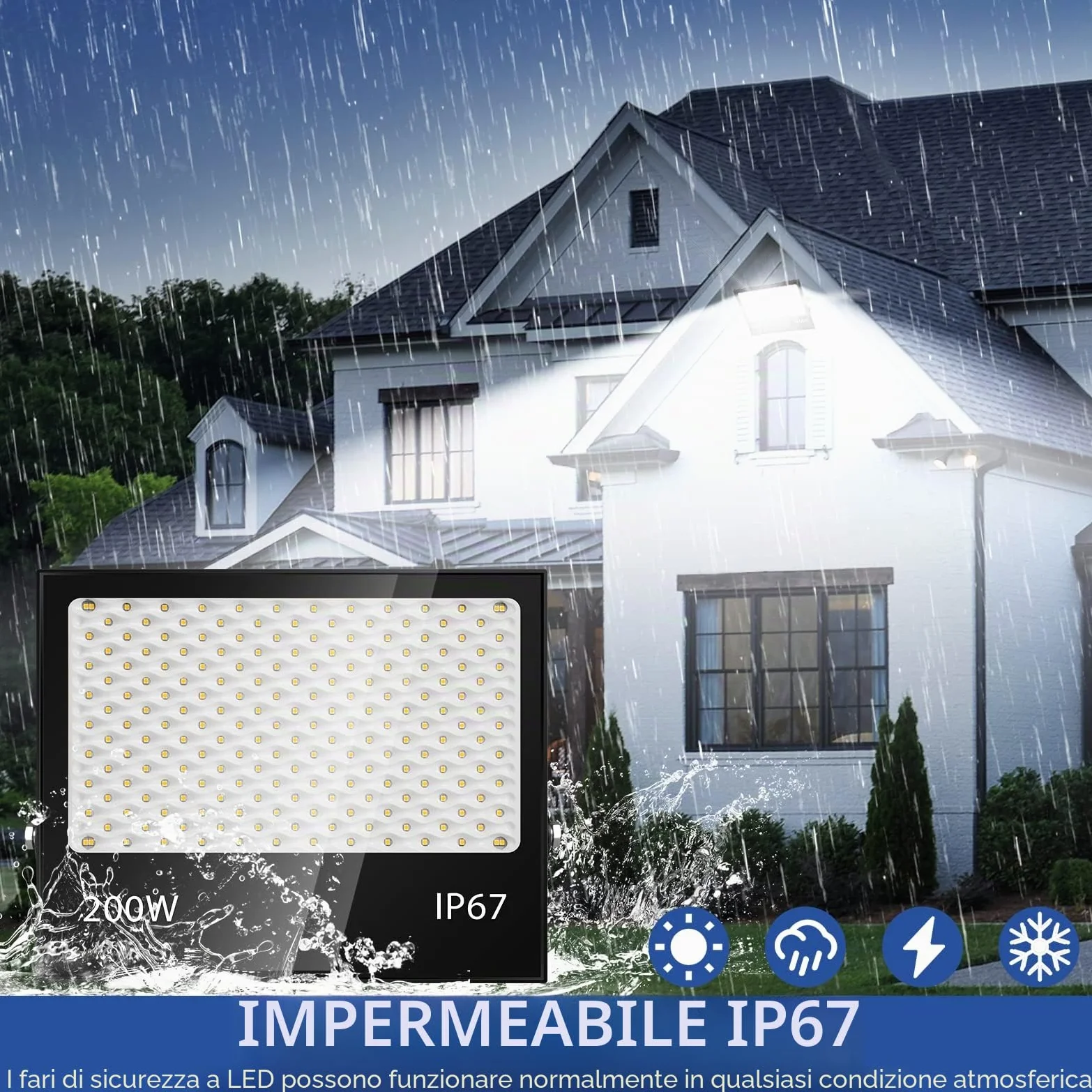 200W Faretto LED da Esterno, 20000LM 7000K Faretti LED,IP67 Impermeabile Super Luminoso Bianco Freddo Luce di Sicurezza per Casa, Cortile, Giardino, Palestra, Garage
