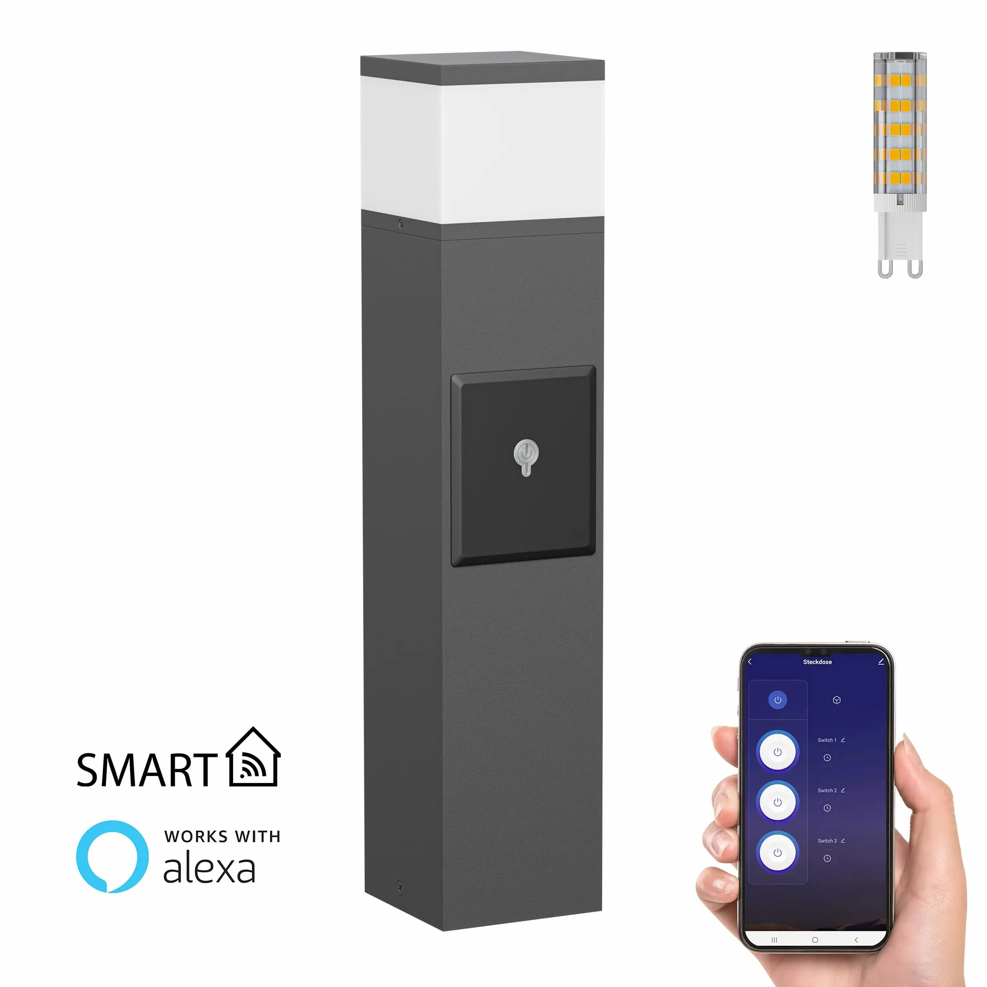 ledscom.de Bollard light PODEL per esterni, Smart Home, 39cm, antracite, 2 prese, incl. lampadina G9, 596lm, bianco