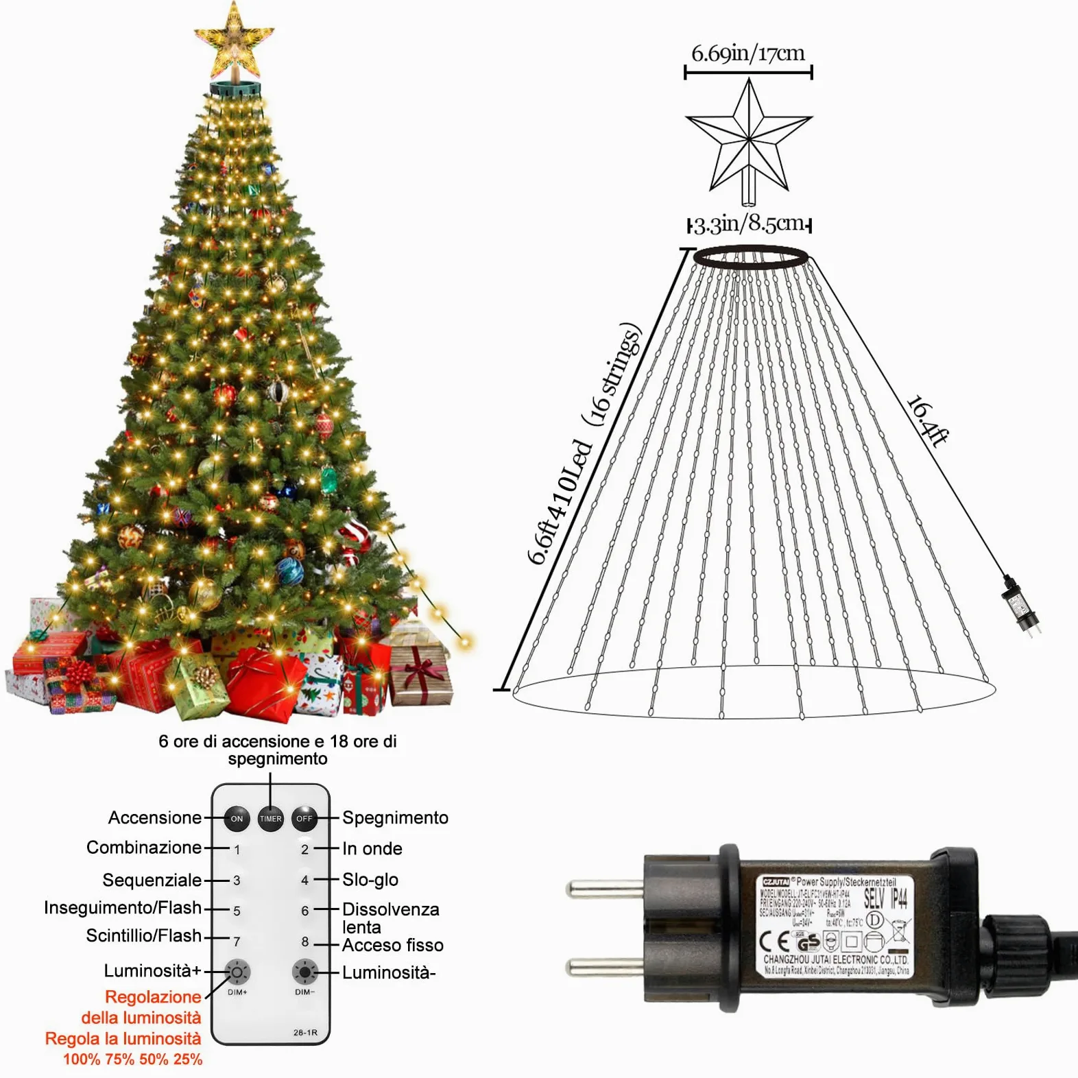 410 LED Luci Albero di Natale, 8 Modalità 2Mx16 Fili Mantello Luci per Albero di Natale a Cascata con Star Topper， Impermeabile Luminarie Natalizie con Telecomando per Interno Esterno Decorazioni | 8 Modalità luminose, Impermeabile Luminarie Natalizie con