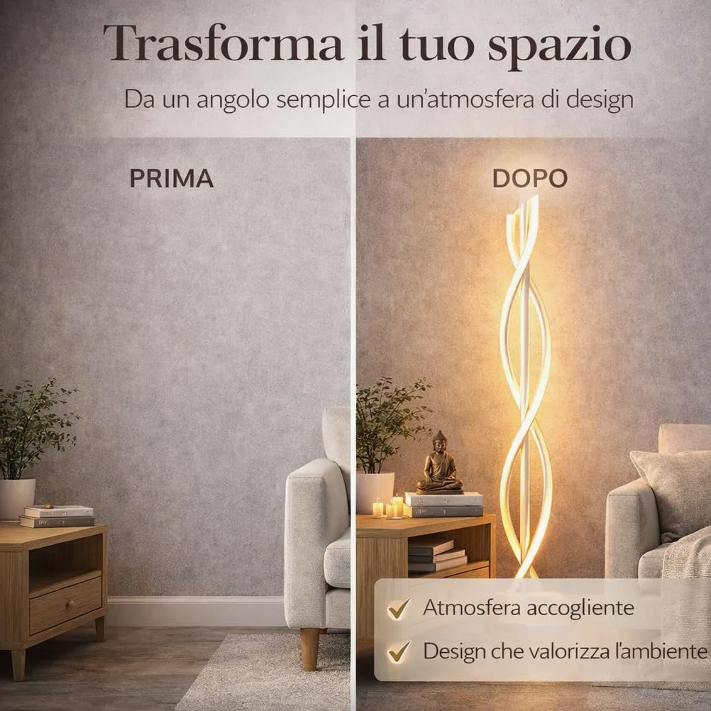Arcadia Lampada da Terra LED Moderna Forma di Spirale | Piantana Design Contemporaneo | Luce Calda/Fredda | Lampada Salotto Camera da Letto Studio, Arredo Interni Elegante 150 cm (Bianco)