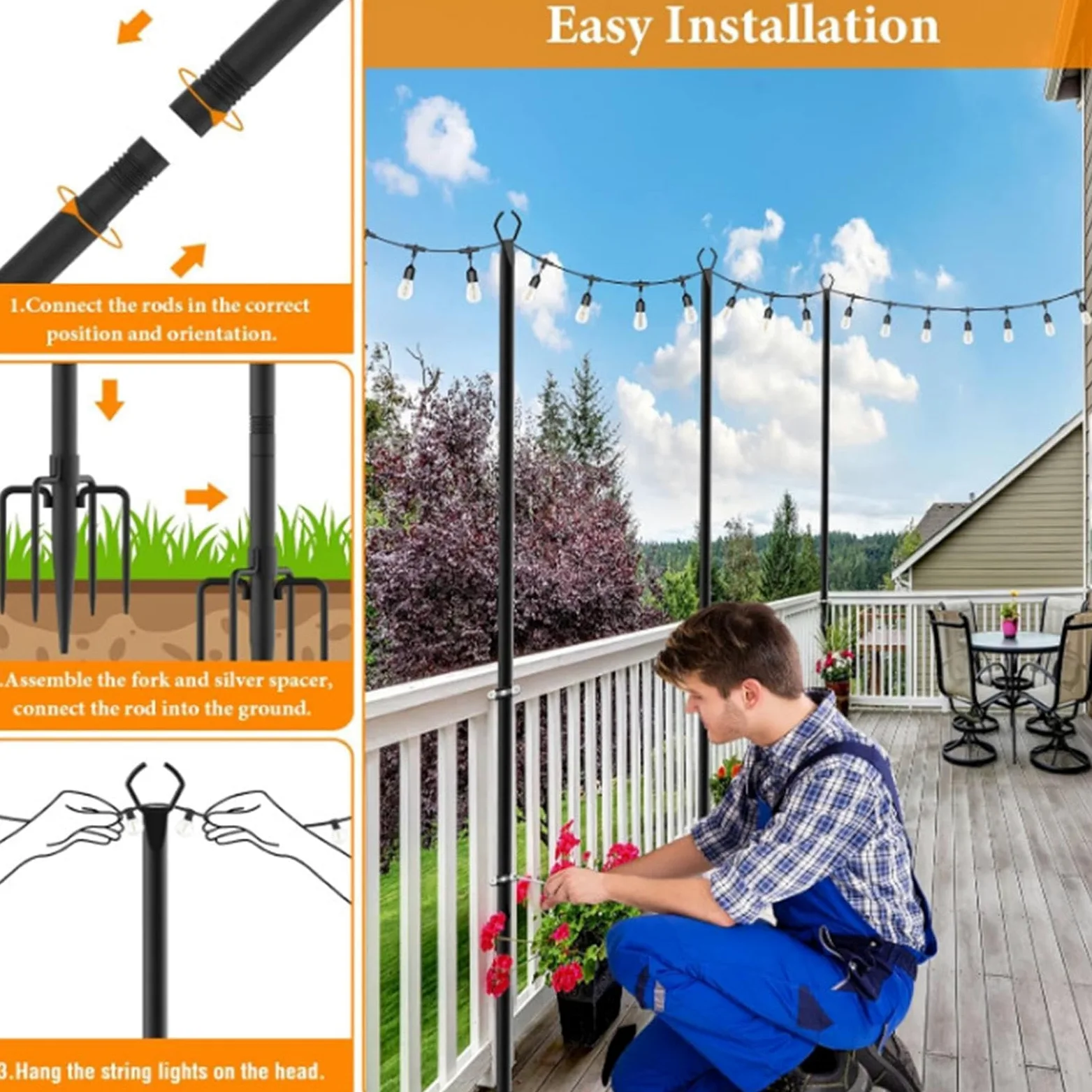 Pali luminosi per esterni, supporto per illuminazione patio, pali per luce da giardino, supporto per luce da prato, robusti pali in metallo, supporto per illuminazione esterna, pali luminosi per