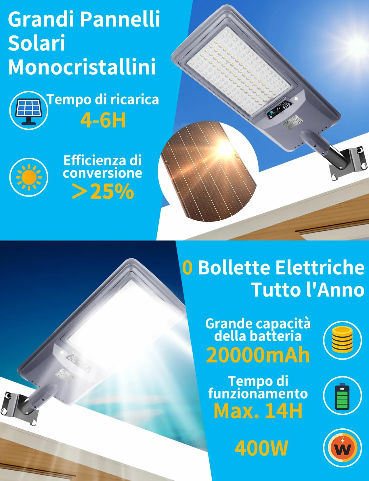 Aigostar 400W Lampione Solare Esterno, Batteria ad alta capacità da 20000 mAh, Regolabili 3000K/4500K/6500K, 4000LM, IP65, Supporto palo non incluso, Lampione LED per Giardino,Ingressi di Garage,2Pz