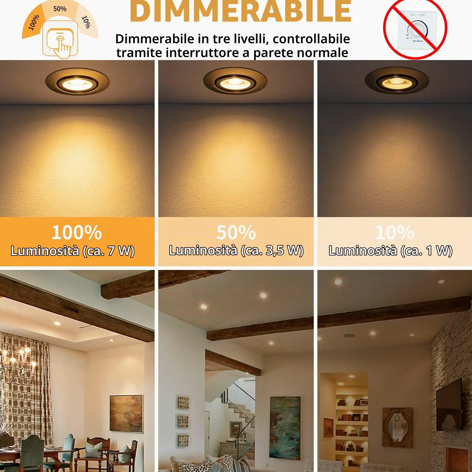 wowatt 7W Faretti LED da Incasso per Cartongesso Luce Caldo 2800K Set di 10 | Dimmerabili 3 Intensità 700LM Faretti da Incasso Orientabili, IP44 Impermeabile per Bagno Cucina, Diametro Foro 68mm - 75mm