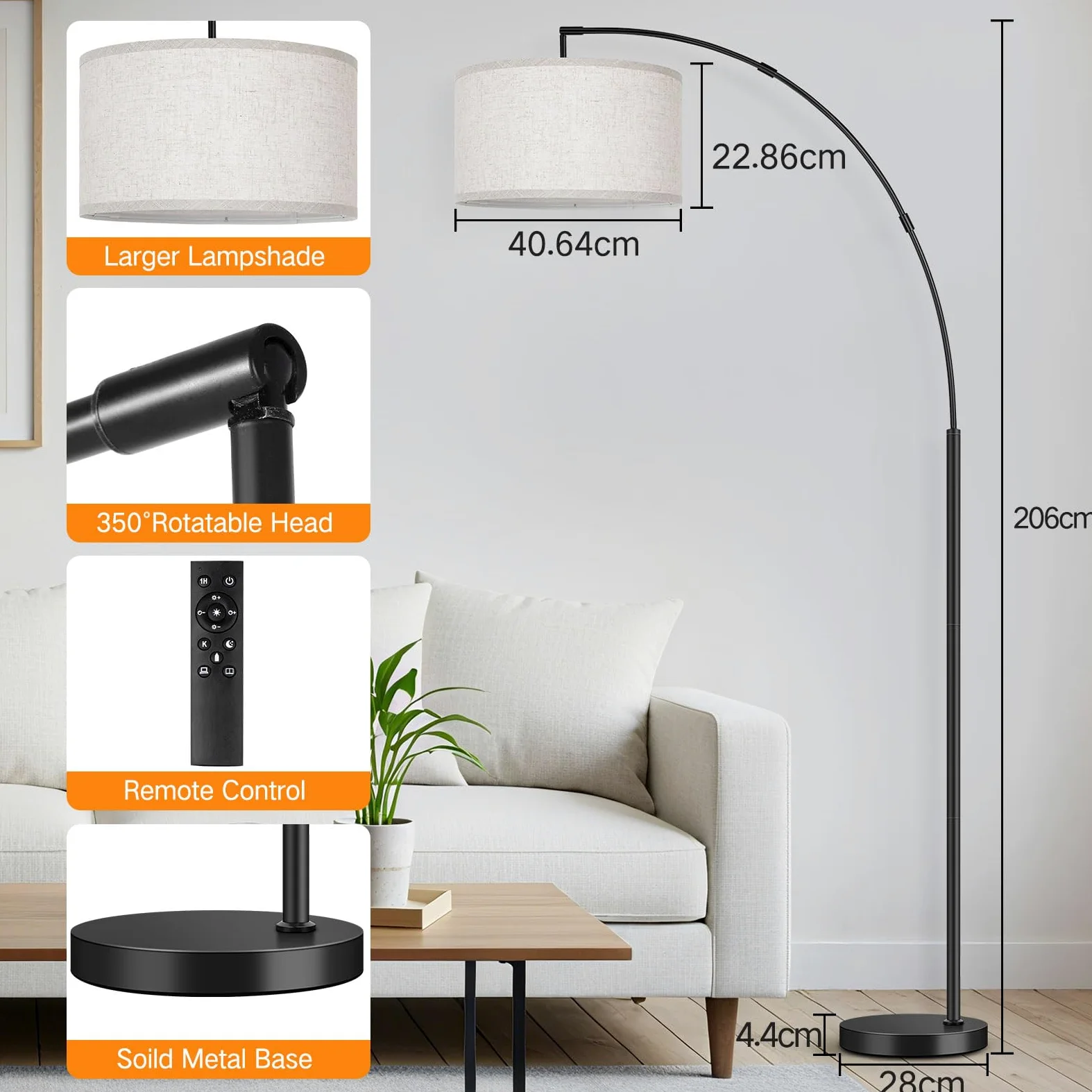 OUTON Lampada da Terra ad Arco, Lampada ad Arco Moderna con Telecomando e Interruttore a Pedale, Paralume Beige da 40cm, Lampadina E27, Piantana LED da 205cm per Soggiorno, Camera da Letto, Ufficio