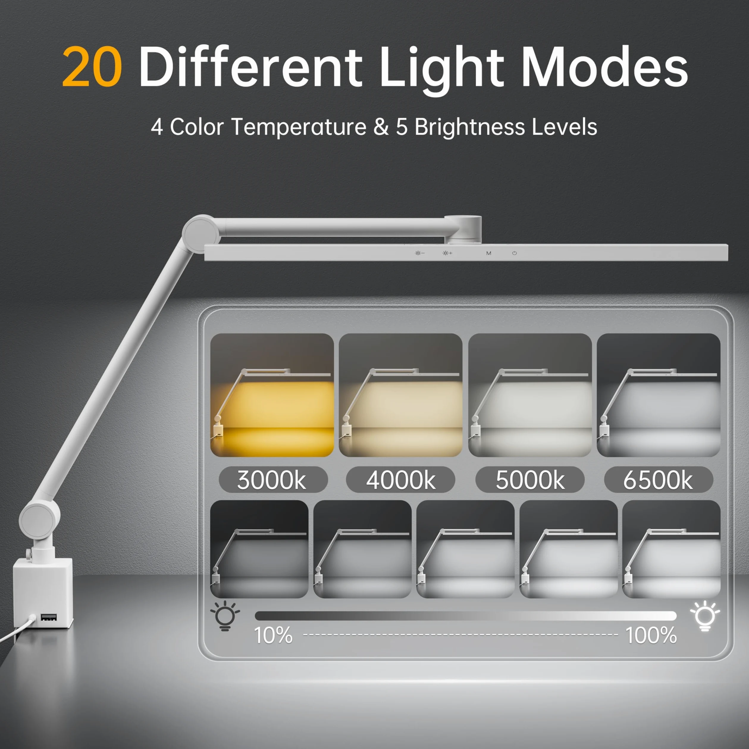 deeloop Lampada da tavolo a LED lunga oscillante a 2 bracci con morsetto, CRI 95+ Luce attenta agli occhi, uscita di ricarica USB, timer di 2 ore, lampada da scrivania dimmerabile con memoria, lampade