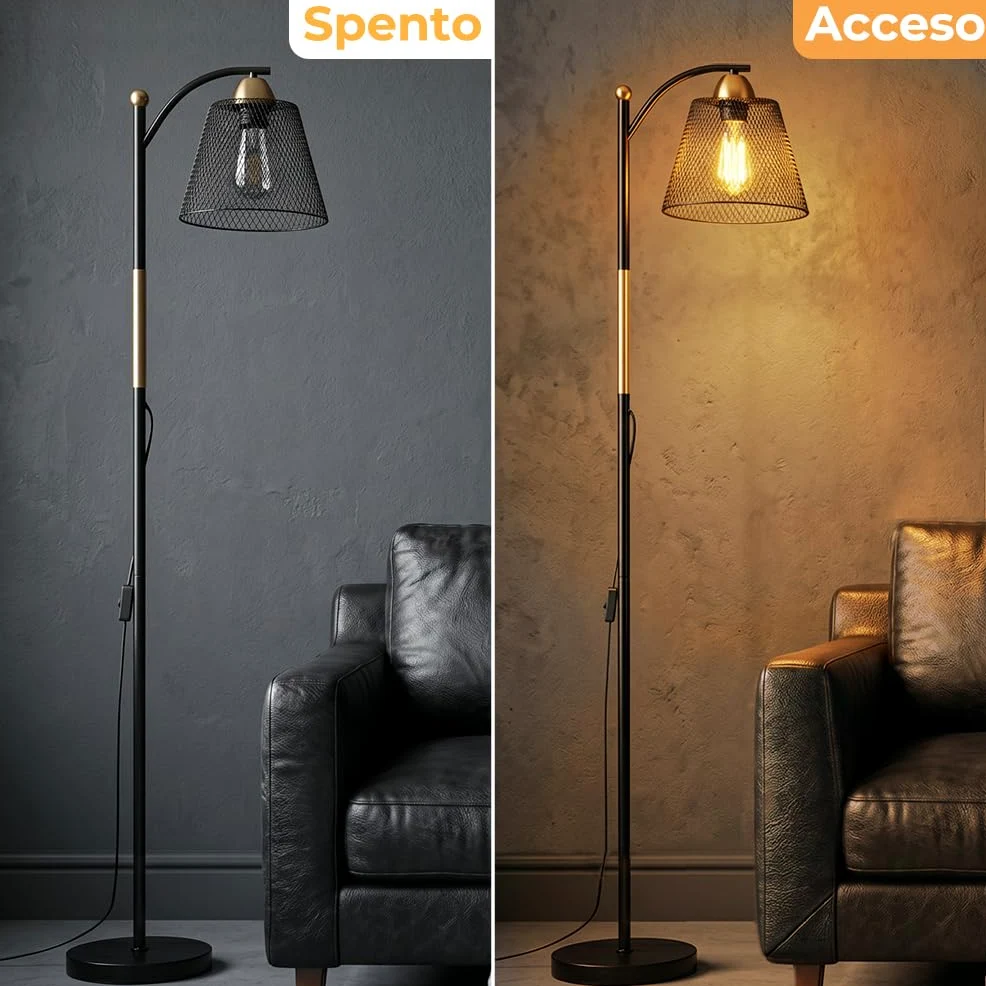 OUSFOT Lampada da Terra E27 Portalampada 230V, Industriale Piantana 40W, Nero e Oro, Adatto per Uffici, Soggiorni e Camere da Letto (Senza lampadina)
