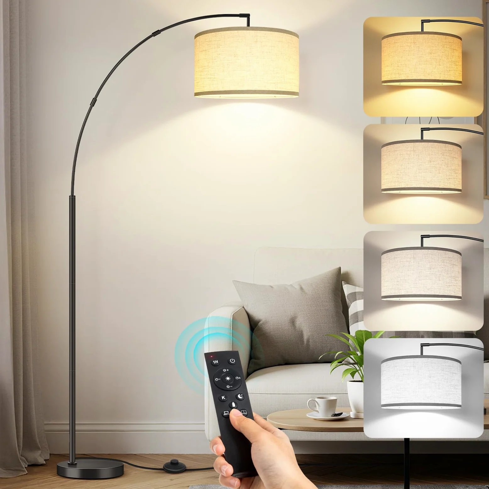 OUTON Lampada da Terra ad Arco, Lampada ad Arco Moderna con Telecomando e Interruttore a Pedale, Paralume Beige da 40cm, Lampadina E27, Piantana LED da 205cm per Soggiorno, Camera da Letto, Ufficio