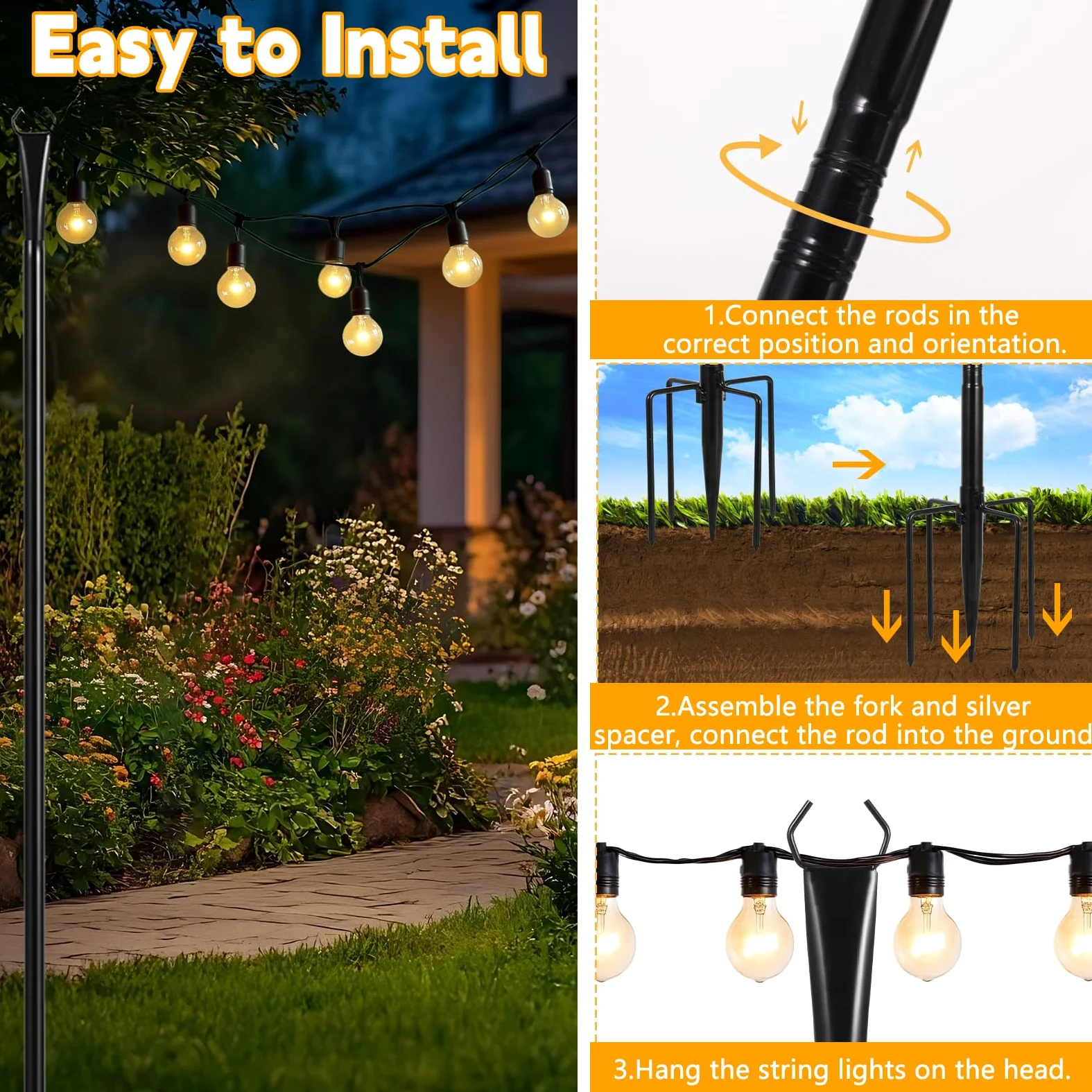 Confezione da 2 pali luminosi da 2,8 m, per esterni, con forcella, supporto in metallo per patio, cortile, terrazza