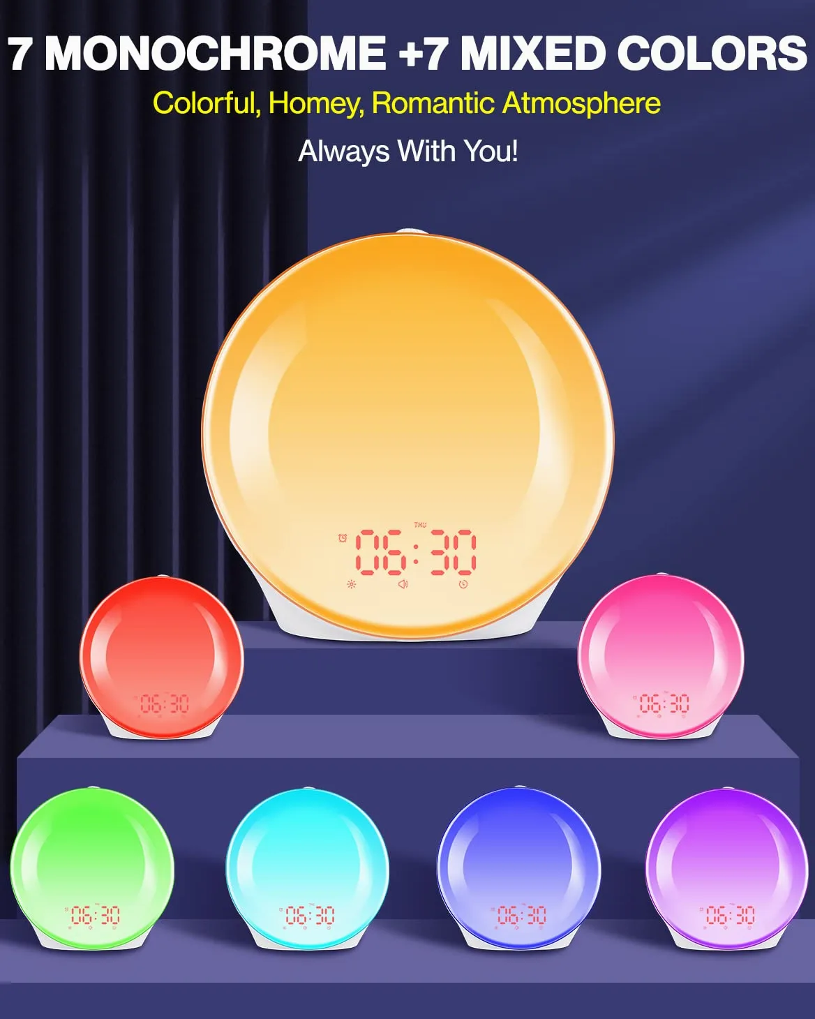 Wake up Light Luce Sveglia da Comodino con Simulazione dell'Alba e Tramonto, Luce Notturna con 2 Sveglie, 20 Livelli di Luminosità, 14 Colori, 10 Tipi Di Suoneria, FM Radio e Funzione Snooze