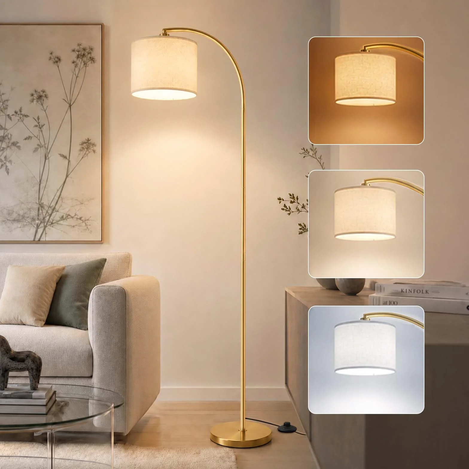 Lampada Da Terra Ad Arco 157 cm, Testa Orientabile, E27, Oro | Paralume in lino, lampadina LED 12W a 3 tonalità inclusa, interruttore a pedale, base stabile in metallo