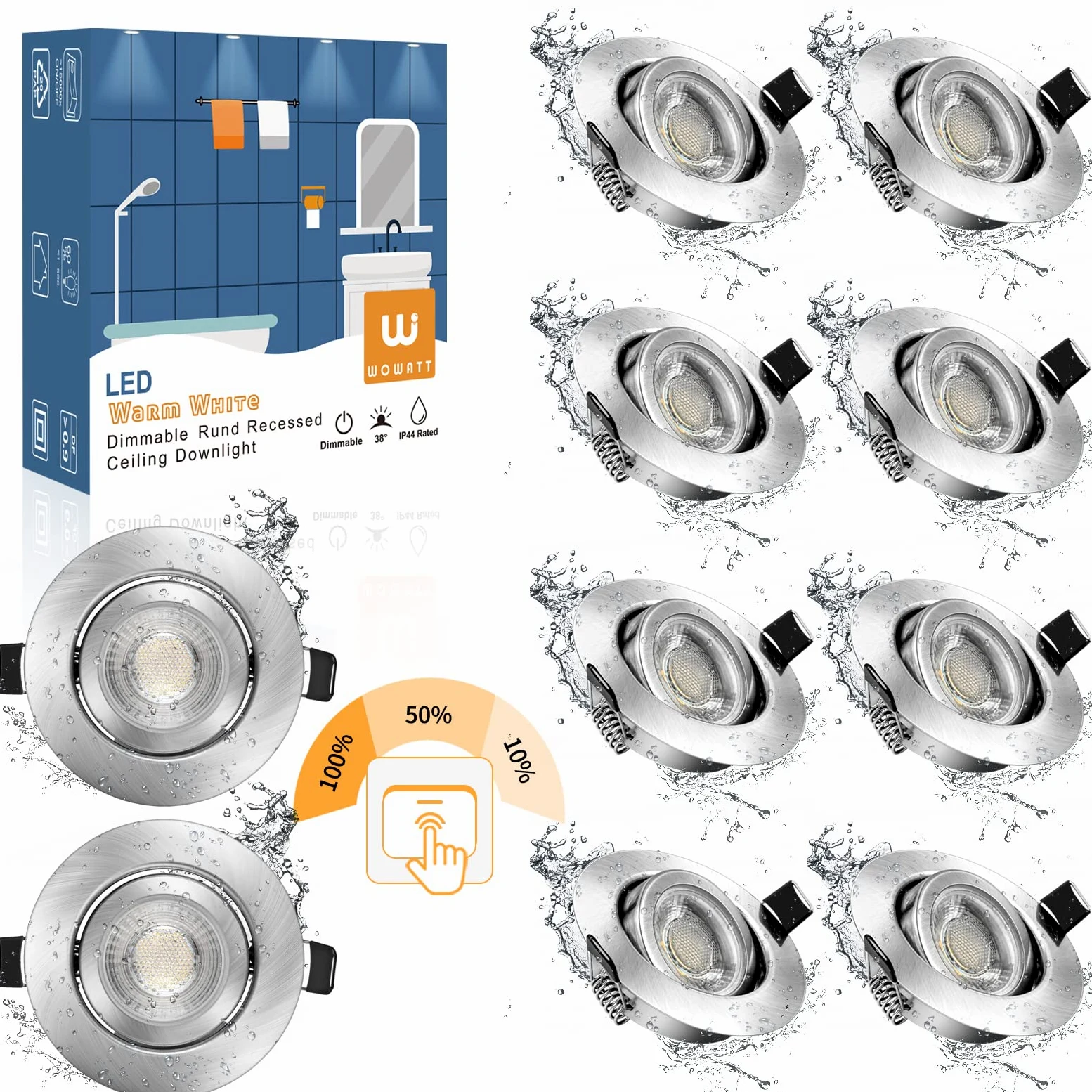 wowatt 7W Faretti LED da Incasso per Cartongesso Luce Caldo 2800K Set di 10 | Dimmerabili 3 Intensità 700LM Faretti da Incasso Orientabili, IP44 Impermeabile per Bagno Cucina, Diametro Foro 68mm - 75mm